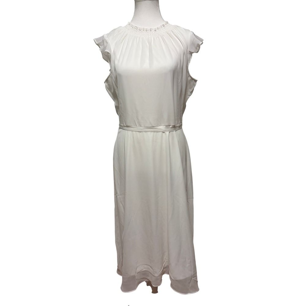 Nina Leonard White Smocked Neck Flutter Sleeve Midi Wedding Communion Dress M
